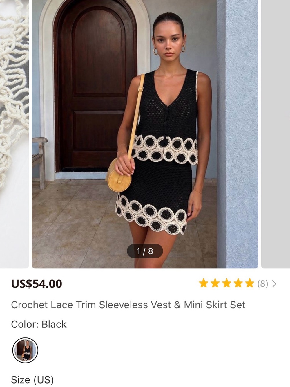 Commense Black Crochet Mini Set with Cream Lace Trim